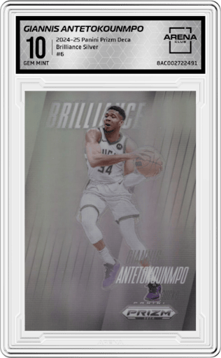 Giannis Antetokounmpo  from the 2024-25 Panini Prizm Deca set featuring a Silver Prizm parallel graded by Arena Club and given an overall grade of 10.