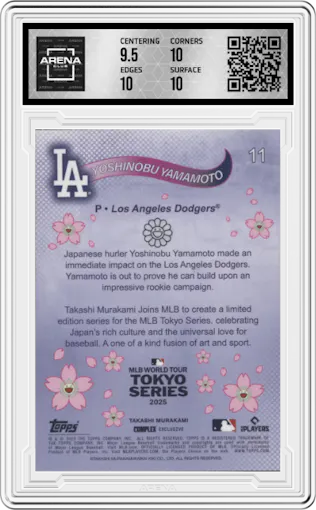 Yoshinobu Yamamoto from the 2025 Topps MLB World Tour Tokyo Series Takashi Murakami Complex Exclusive set graded by Arena Club and given an overall grade of 10.