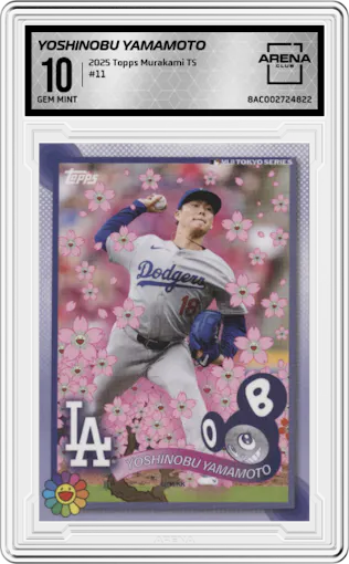 Yoshinobu Yamamoto from the 2025 Topps MLB World Tour Tokyo Series Takashi Murakami Complex Exclusive set graded by Arena Club and given an overall grade of 10.