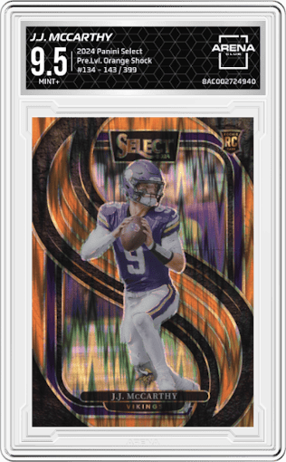 J.J. McCarthy from the 2024 Panini Select set featuring a Orange Shock parallel graded by Arena Club and given an overall grade of 9.5.