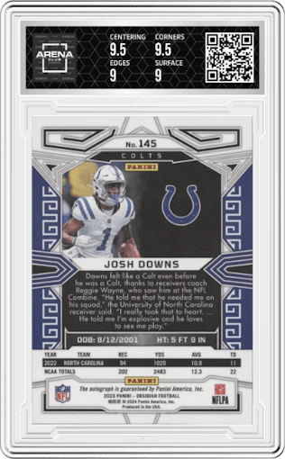 Josh Downs from the 2023 Panini Obsidian set graded by Arena Club and given an overall grade of 9.5.