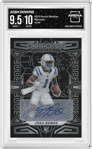 Josh Downs from the 2023 Panini Obsidian set graded by Arena Club and given an overall grade of 9.5.