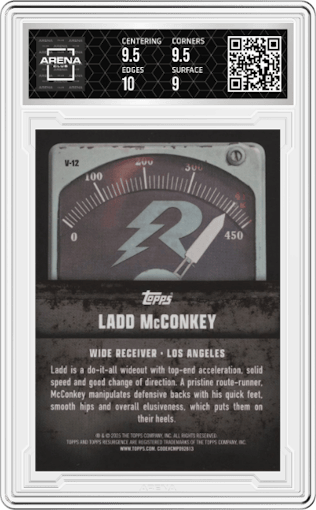 Ladd McConkey from the 2024 Topps Resurgence set featuring a Lime Green Power Surge parallel graded by Arena Club and given an overall grade of 9.5.