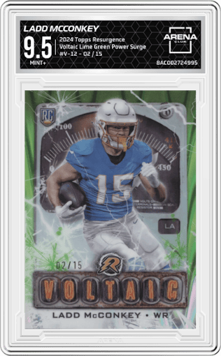 Ladd McConkey from the 2024 Topps Resurgence set featuring a Lime Green Power Surge parallel graded by Arena Club and given an overall grade of 9.5.
