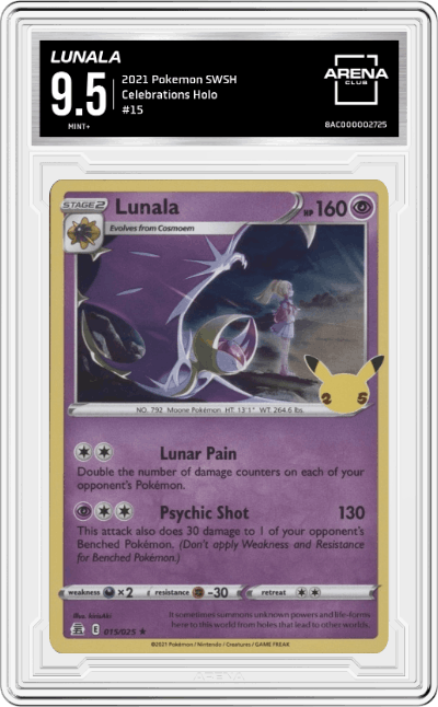 Lunala from the 2021 Pokemon SWSH set graded by Arena Club and given an overall grade of 9.5.