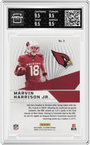 Marvin Harrison Jr. from the 2024 Panini Illusions set graded by Arena Club and given an overall grade of 9.5.