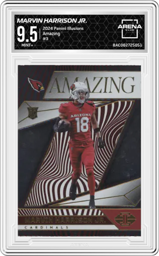 Marvin Harrison Jr. from the 2024 Panini Illusions set graded by Arena Club and given an overall grade of 9.5.