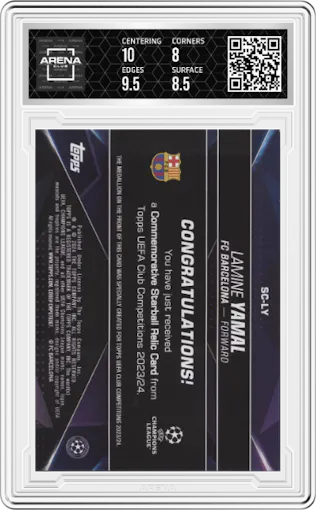 Lamine Yamal from the 2023-24 Topps UEFA Club Competitions set graded by Arena Club and given an overall grade of 8.5.