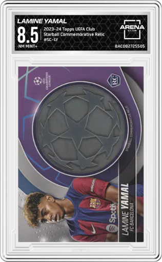 Lamine Yamal from the 2023-24 Topps UEFA Club Competitions set graded by Arena Club and given an overall grade of 8.5.