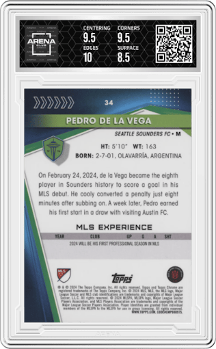 Pedro de la Vega from the 2024 Topps Chrome Sapphire Edition MLS set graded by Arena Club and given an overall grade of 9.