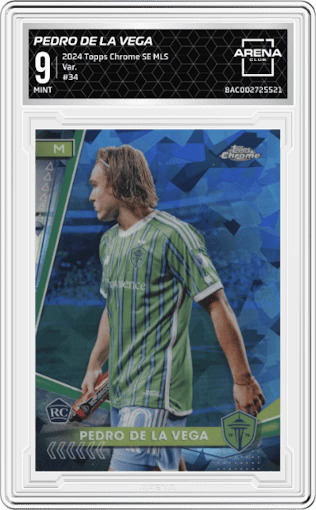 Pedro de la Vega from the 2024 Topps Chrome Sapphire Edition MLS set graded by Arena Club and given an overall grade of 9.
