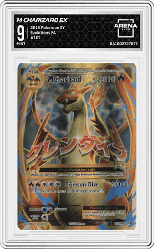 M Charizard EX from the 2016 Pokemon XY set graded by Arena Club and given an overall grade of 9.