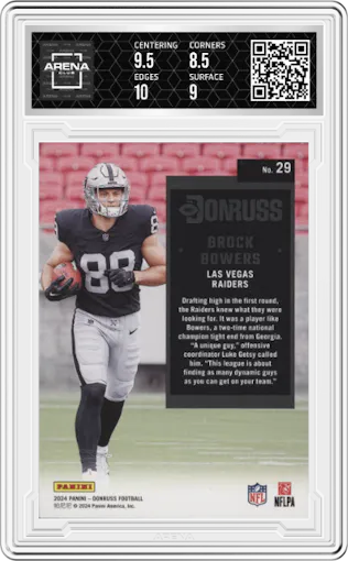 Brock Bowers from the 2024 Donruss set graded by Arena Club and given an overall grade of 9.