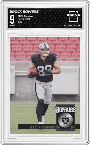 Brock Bowers from the 2024 Donruss set graded by Arena Club and given an overall grade of 9.