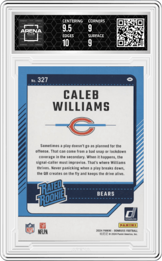 Caleb Williams from the 2024 Donruss set featuring a Press Proof Green parallel graded by Arena Club and given an overall grade of 9.5.