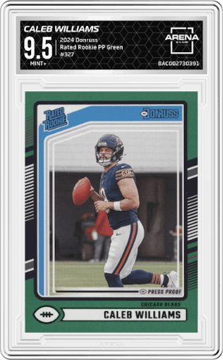 Caleb Williams from the 2024 Donruss set featuring a Press Proof Green parallel graded by Arena Club and given an overall grade of 9.5.