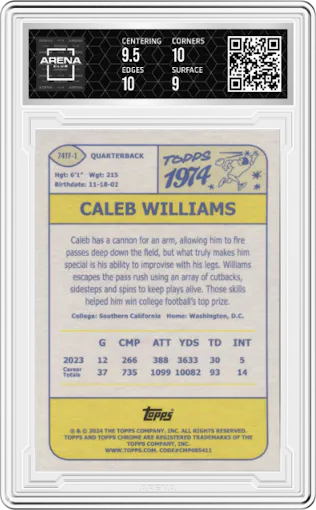 Caleb Williams from the 2024 Topps Chrome set graded by Arena Club and given an overall grade of 9.5.
