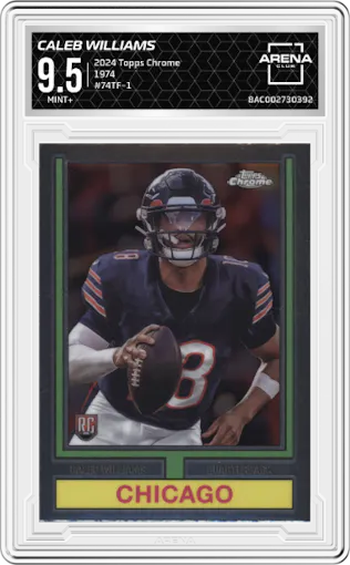 Caleb Williams from the 2024 Topps Chrome set graded by Arena Club and given an overall grade of 9.5.