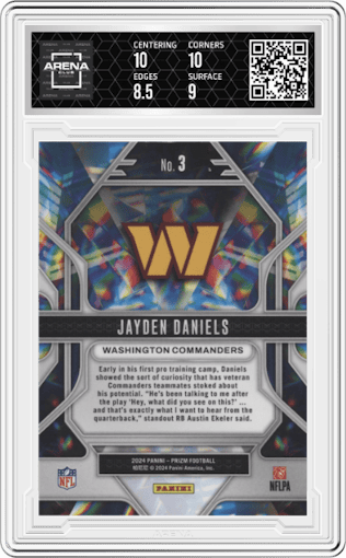 Jayden Daniels from the 2024 Panini Prizm set graded by Arena Club and given an overall grade of 9.