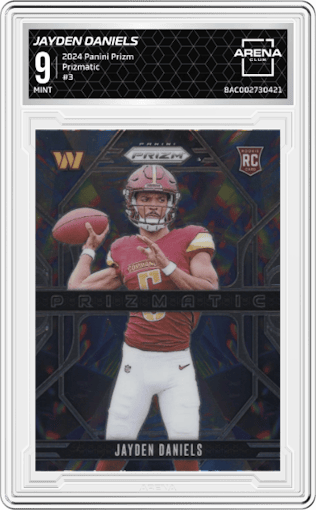 Jayden Daniels from the 2024 Panini Prizm set graded by Arena Club and given an overall grade of 9.