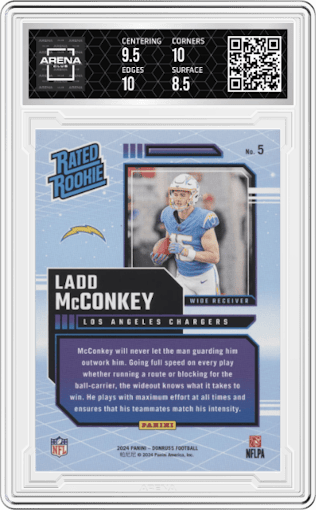 Ladd McConkey from the 2024 Donruss set graded by Arena Club and given an overall grade of 9.