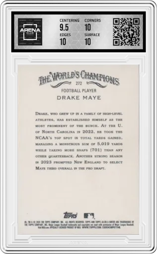 Drake Maye from the 2024 Topps Allen & Ginter set graded by Arena Club and given an overall grade of 10.