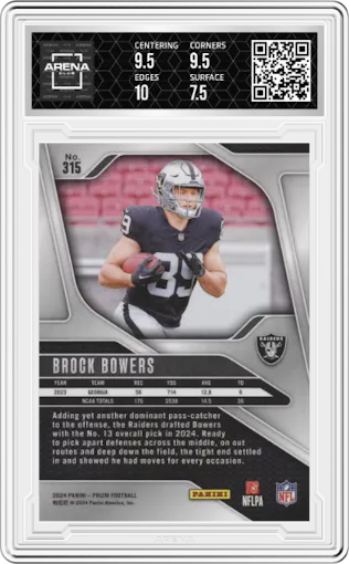 Brock Bowers from the 2024 Panini Prizm set graded by Arena Club and given an overall grade of 8.