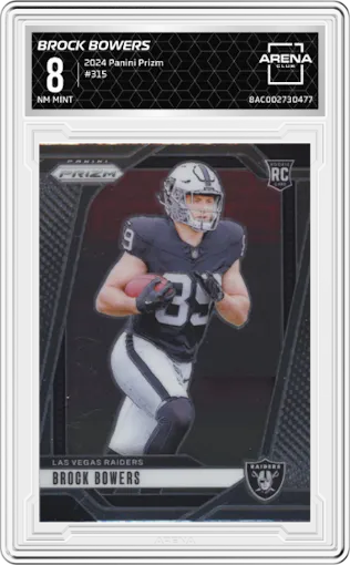 Brock Bowers from the 2024 Panini Prizm set graded by Arena Club and given an overall grade of 8.