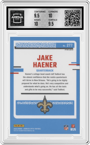 Jake Haener from the 2023 Donruss Optic set featuring a Holo parallel graded by Arena Club and given an overall grade of 10.