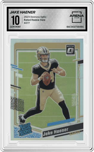 Jake Haener from the 2023 Donruss Optic set featuring a Holo parallel graded by Arena Club and given an overall grade of 10.