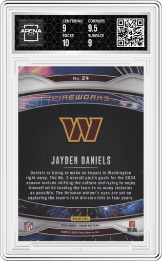 Jayden Daniels from the 2024 Panini Prizm set graded by Arena Club and given an overall grade of 9.5.