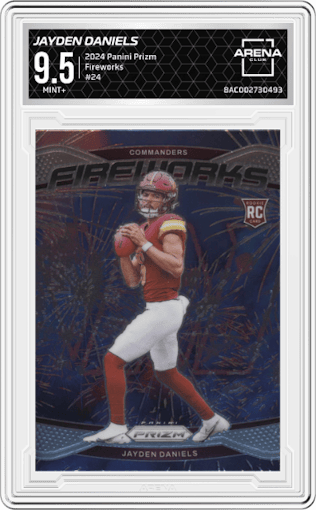 Jayden Daniels from the 2024 Panini Prizm set graded by Arena Club and given an overall grade of 9.5.