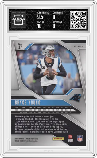 Bryce Young from the 2024 Panini Prizm set featuring a Green Prizm parallel graded by Arena Club and given an overall grade of 9.5.