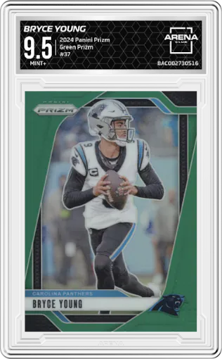 Bryce Young from the 2024 Panini Prizm set featuring a Green Prizm parallel graded by Arena Club and given an overall grade of 9.5.