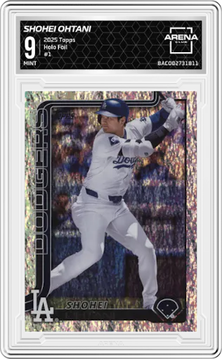 Shohei Ohtani from the 2025 Topps set featuring a Holo Foil parallel graded by Arena Club and given an overall grade of 9.