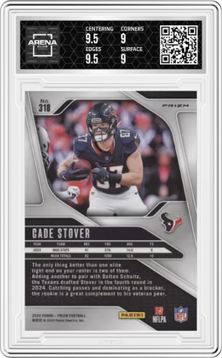 Cade Stover from the 2024 Panini Prizm set featuring a Silver Prizm parallel graded by Arena Club and given an overall grade of 9.5.