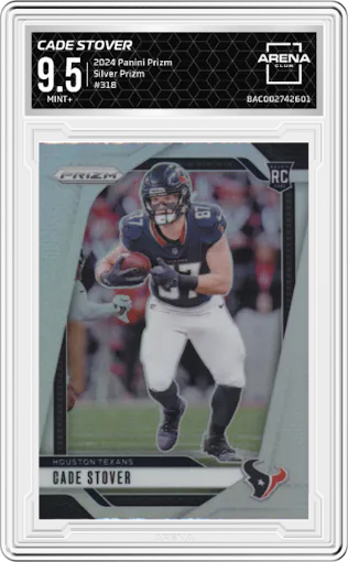 Cade Stover from the 2024 Panini Prizm set featuring a Silver Prizm parallel graded by Arena Club and given an overall grade of 9.5.