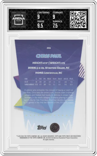 Chris Paul from the 2024-25 Topps Finest  set featuring a Blue Refractor parallel graded by Arena Club and given an overall grade of 8.