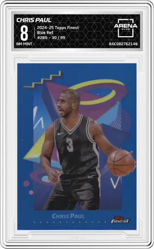 Chris Paul from the 2024-25 Topps Finest  set featuring a Blue Refractor parallel graded by Arena Club and given an overall grade of 8.
