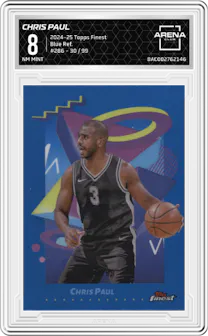 Chris Paul from the 2024-25 Topps Finest set featuring a Blue Refractor parallel graded by Arena Club and given an overall grade of 8.