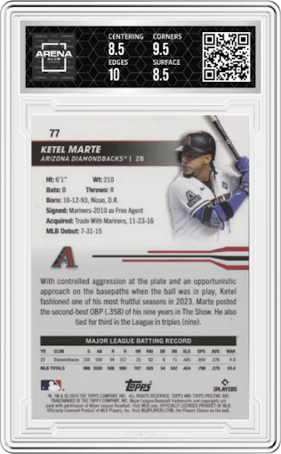 Ketel Marte from the 2024 Topps Pristine set featuring a Green Refractor parallel graded by Arena Club and given an overall grade of 9.