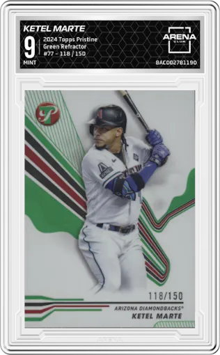 Ketel Marte from the 2024 Topps Pristine set featuring a Green Refractor parallel graded by Arena Club and given an overall grade of 9.
