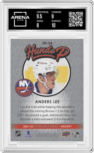 Anders Lee from the 2021-22 Upper Deck Series 1 set graded by Arena Club and given an overall grade of 8.5.