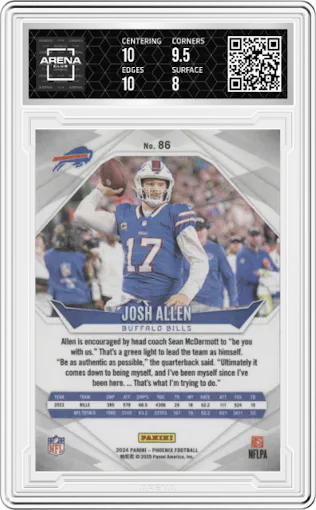 Josh Allen  from the 2024 Panini Phoenix set graded by Arena Club and given an overall grade of 8.5.