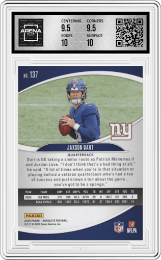 Jaxson Dart from the 2025 Panini Absolute set featuring a Red & Green parallel graded by Arena Club and given an overall grade of 10.