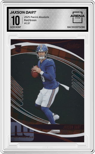 Jaxson Dart from the 2025 Panini Absolute set featuring a Red & Green parallel graded by Arena Club and given an overall grade of 10.
