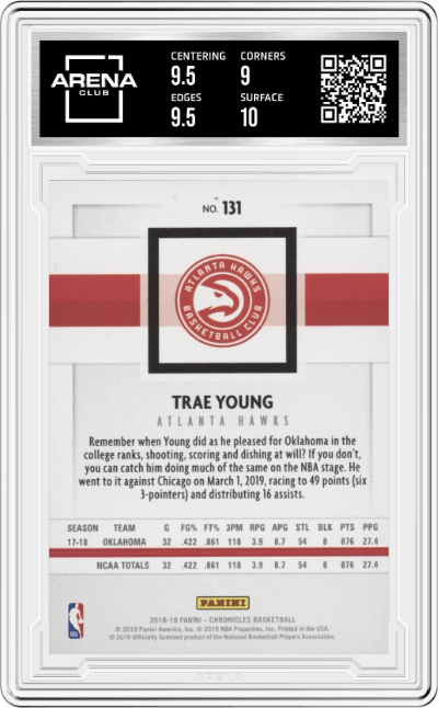Trae Young from the 2018-19 Panini Chronicles set graded by Arena Club and given an overall grade of 9.5.