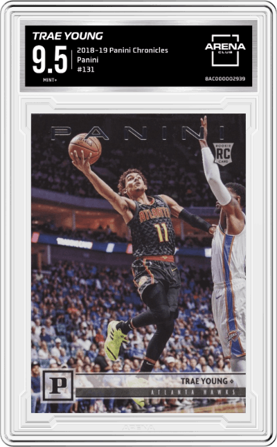 Trae Young from the 2018-19 Panini Chronicles set graded by Arena Club and given an overall grade of 9.5.
