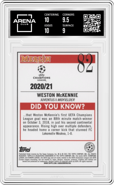 Weston McKennie from the 2020-21 Topps Merlin Chrome UEFA Champions League Europa League set graded by Arena Club and given an overall grade of 9.5.