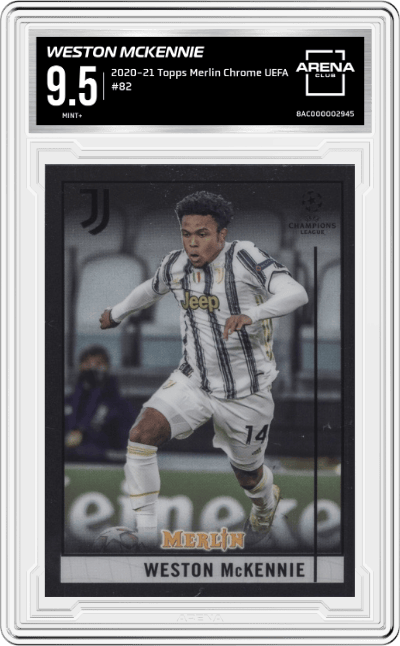 Weston McKennie from the 2020-21 Topps Merlin Chrome UEFA Champions League Europa League set graded by Arena Club and given an overall grade of 9.5.